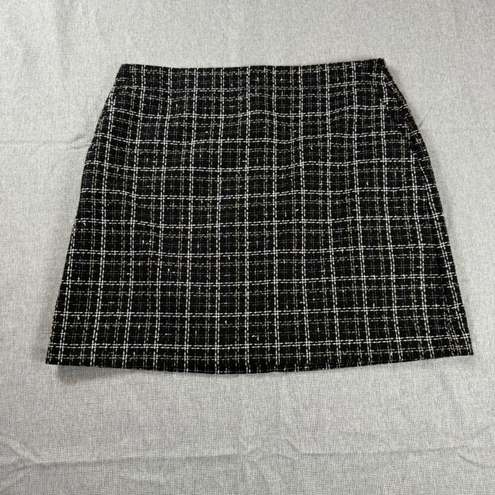 Loft Black White Plaid Tweed Mini Skirt Gold Metallic Accents Size 12